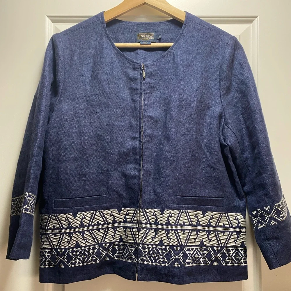 PENDLETON LINEN EMBROIDERED FULL ZIP BOXY BLAZER M - Picture 1 of 9